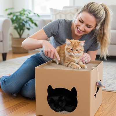 maison en carton pour chat chaton dessus jouant avec maîtresse