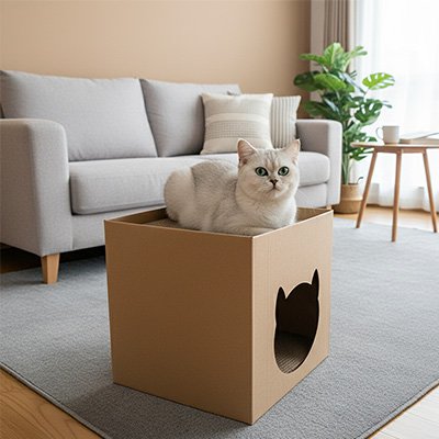 maison en carton pour chat dans salon chat relaxant en haut