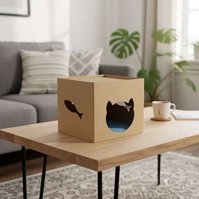 Maison en carton pour chat sur table salon