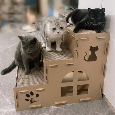 maison en carton pour chat trois chats chacun sur palier