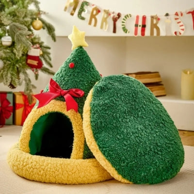 maison pour chat dans salon décoré noel coussin amovible sorti