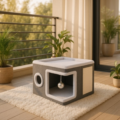 maison pour chat sur tapis blanc
