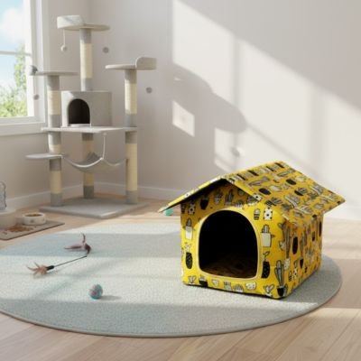 maison pour chat sur tapis rond gris