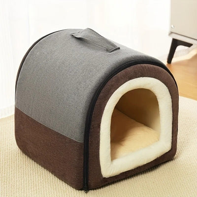 maison pour chaton gris chiné et brun noisette