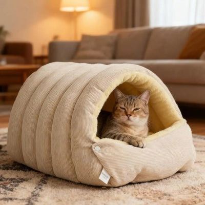 maison pour chats beige chat somnolant dedans