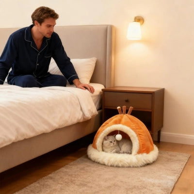 maison pour les chats chaton relaxant dedans homme assis sur lit