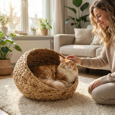 maîtresse caresse maine coon lové panier pour chat osier