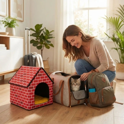 maîtresse met chaton dans sac transport à côté maison pour chaton