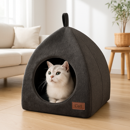 niche à chat chat blanc dans cocon triangulaire 