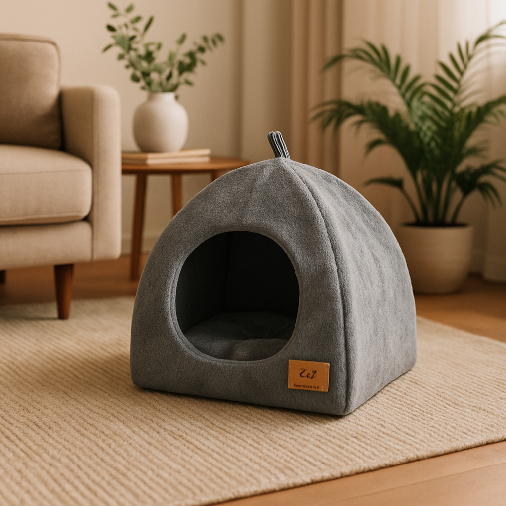 niche à chat triangulaire dans salon éclairé