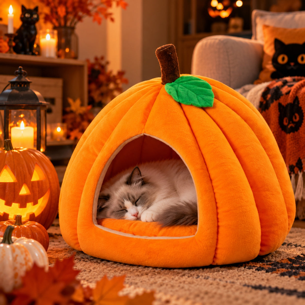 niche a chat orange ragdoll dort dedans décor halloween
