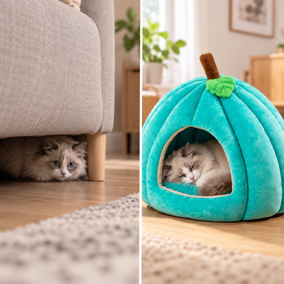 niche a chat ragdoll avant caché après endormi dans niche turquoise
