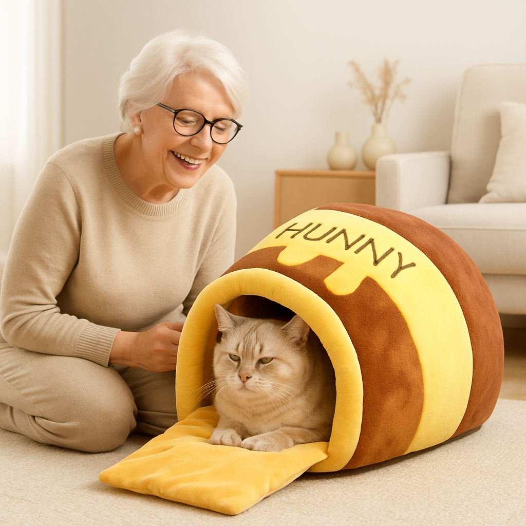 niche chat vieux chat dans nid mielleux dame contente