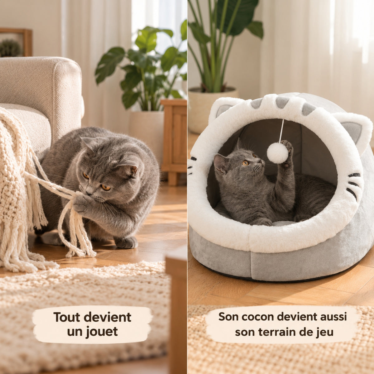 Niche pour chat avant après avec pompon intégré