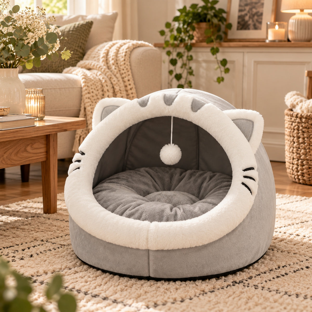 niche pour chat grise vide avec coussin moelleux, nœud et pompon suspendu, posée sur un tapis de salon