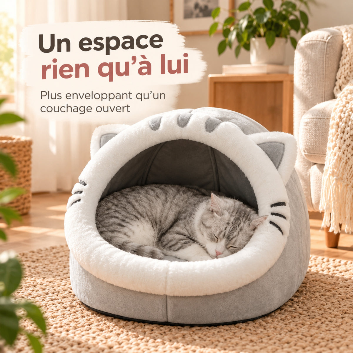 niche pour chat grise avec oreilles et moustaches, chat tigré endormi dans son espace rien qu'à lui