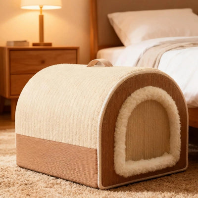 niche pour chat intérieur marron beige dans chambre à coucher