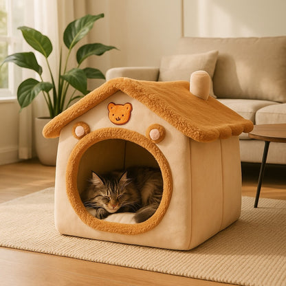 niche pour chat maisonnette cottage maine coon endormi dedans profondement