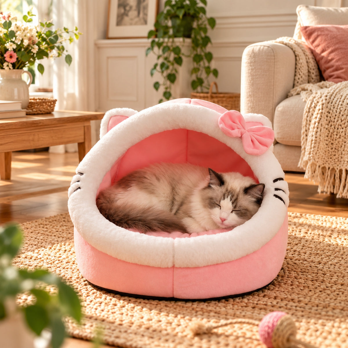 niche pour chat rose avec oreilles et nœud, chat endormi en boule dans un salon lumineux