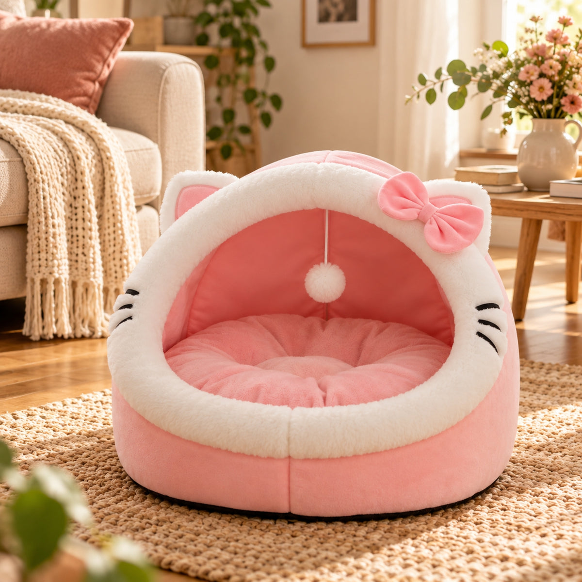 niche pour chat rose vide avec coussin moelleux, nœud et pompon suspendu, posée sur un tapis de salon