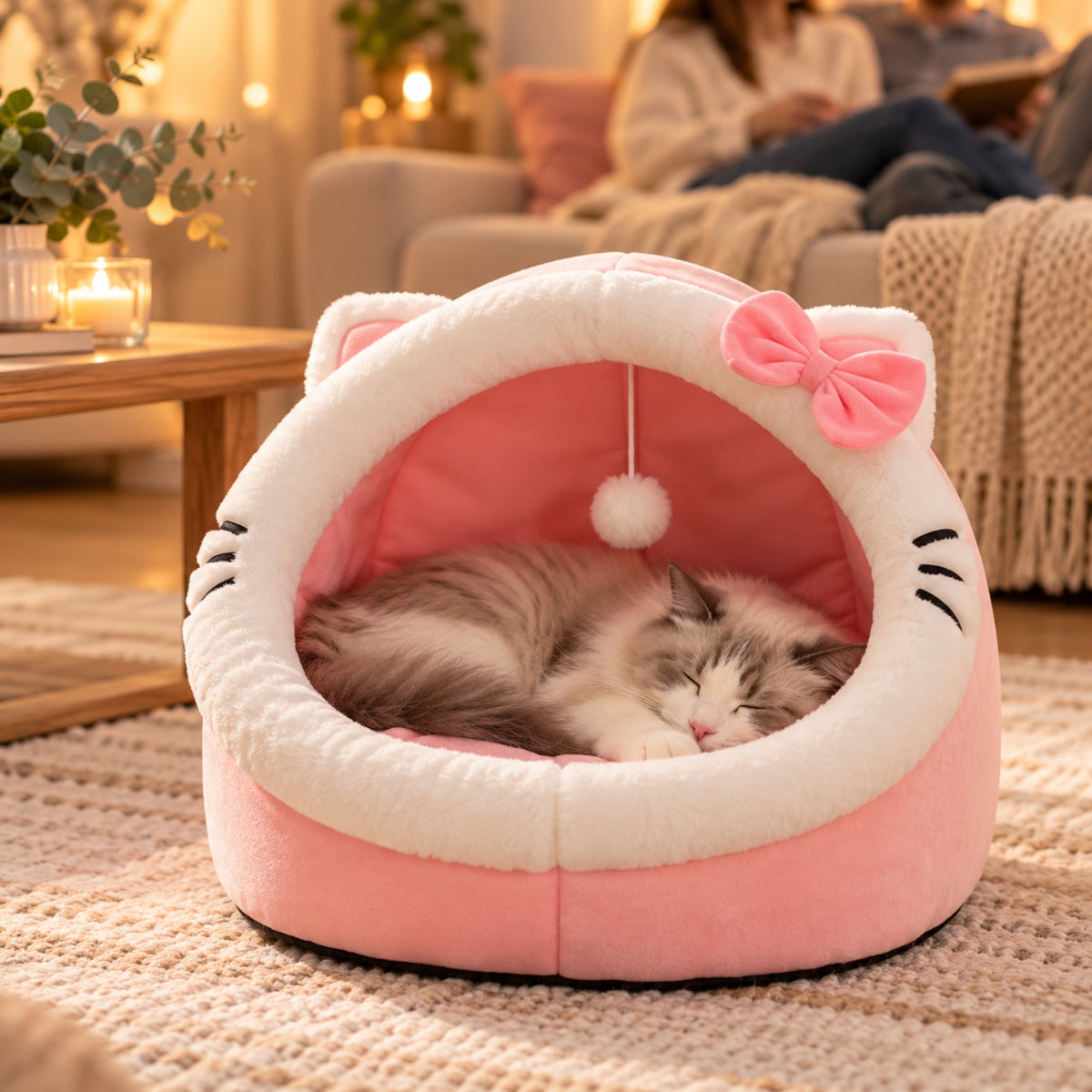 niche pour chat rose avec nœud et pompon, chat endormi au salon pendant une soirée cocooning