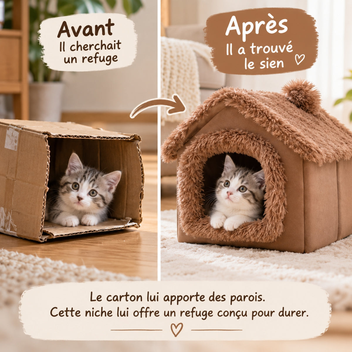 niche pour chaton avant après carton vers refuge marron