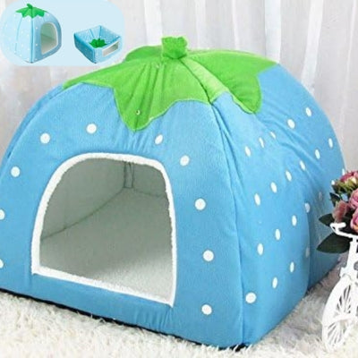 niche pour chaton bleu sur tapis blanc