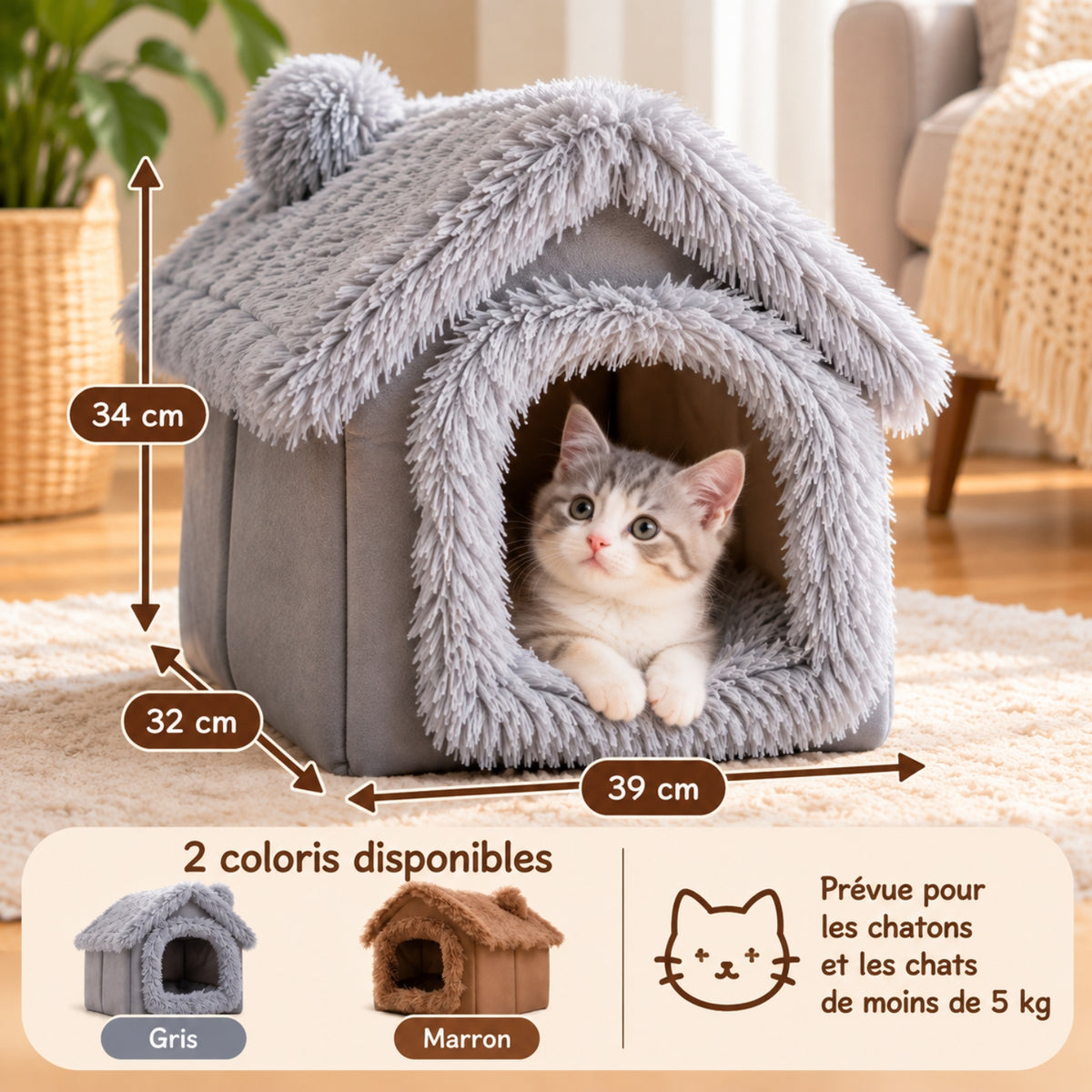 niche pour chaton grise avec dimensions et présentation des variantes gris et marron