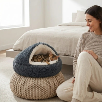 niche pour chaton femme heureuse regardant bangal lové dedans