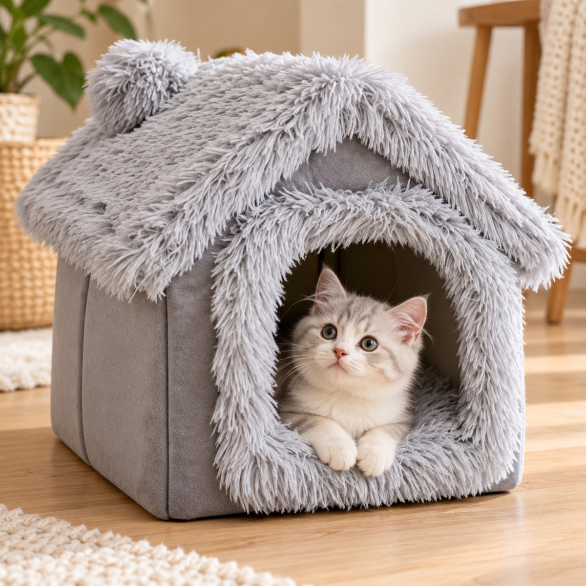 niche pour chaton grise avec chaton observant la pièce depuis son refuge