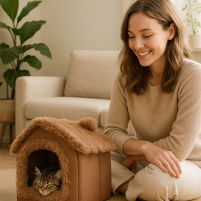 niche pour chaton maine coon endormi paisiblement maîtresse heureuse