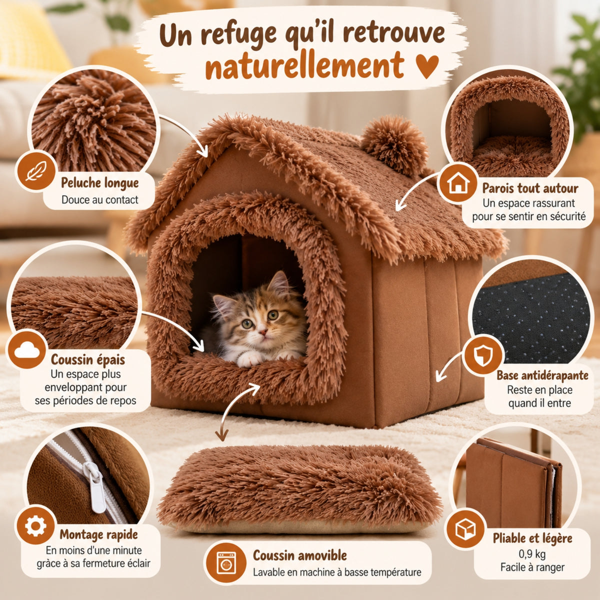 niche pour chaton marron caractéristiques refuge coussin amovible