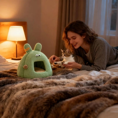 nid chaton vert amande sur lit chaton dans bras sa maîtresse