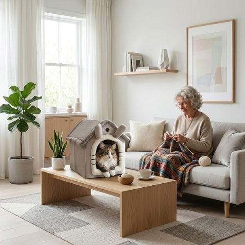 norvégien detendu dans niche à chat maîtresse assise sur divan tricote