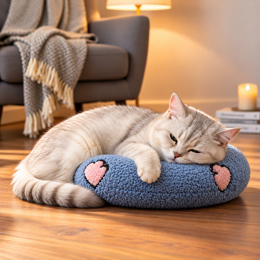 oreiller chat bleu rond coeurs roses chat endormi
