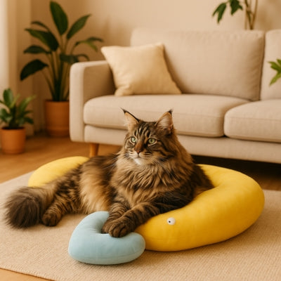 oreiller chat jaune maine coon detendu dessus dans salon