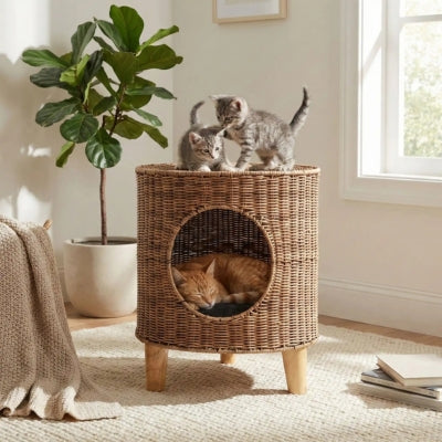 panier à chat en osier chatte dort dedans chatons jouant toit