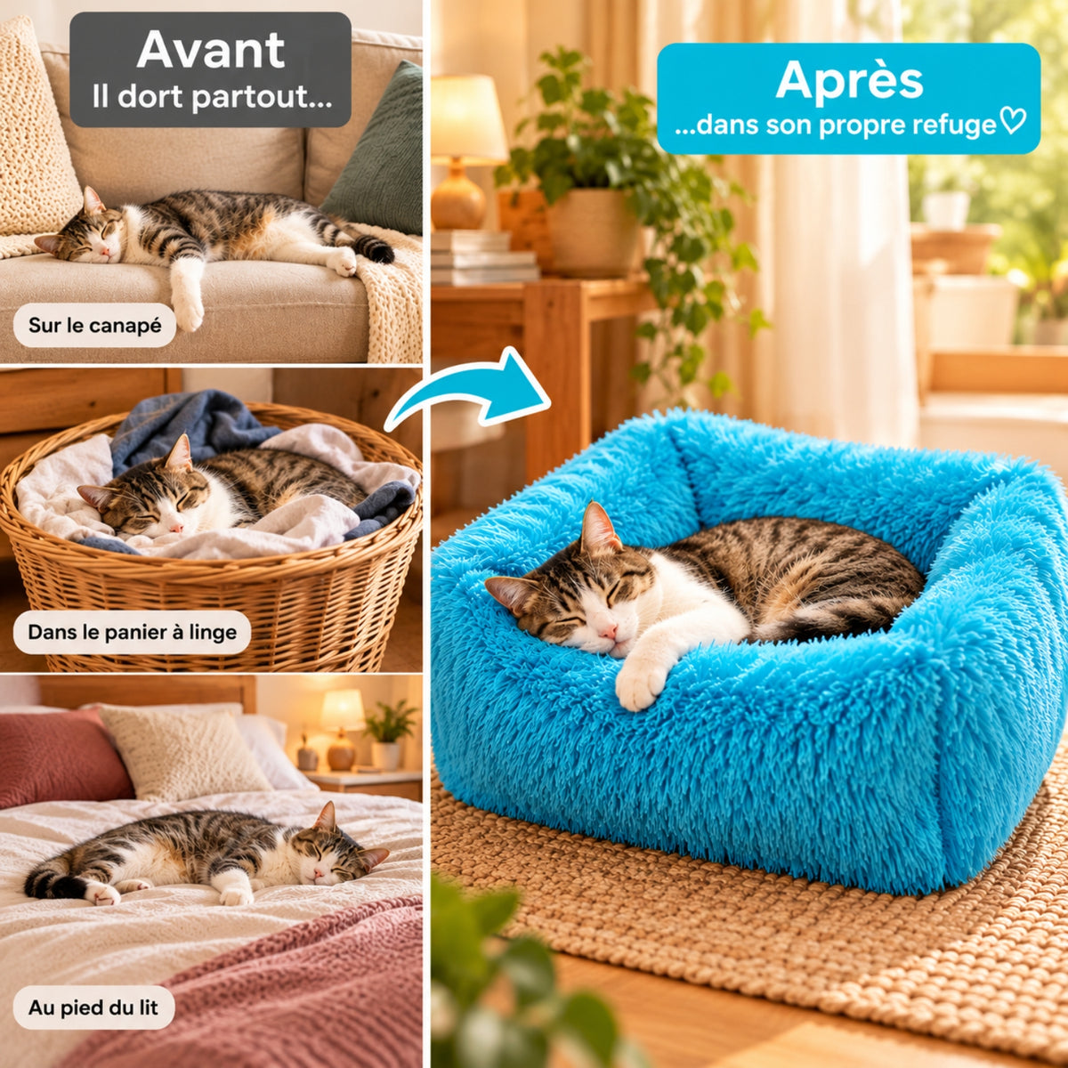 panier chat avant canapé panier linge lit après bleu cyan