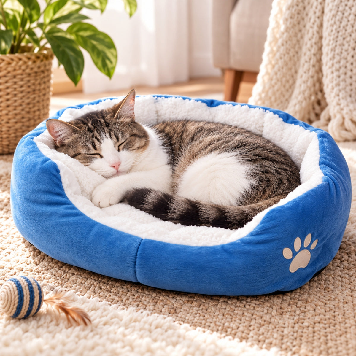 panier chat bleu chat lové endormi dans son refuge