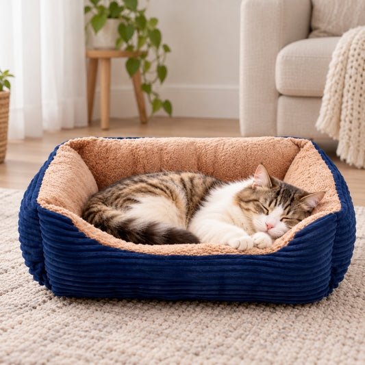 panier chat bleu marine intérieur beige chat tigré endormi