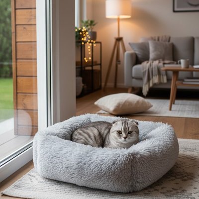 panier chat british shorthair couché en boule dessus