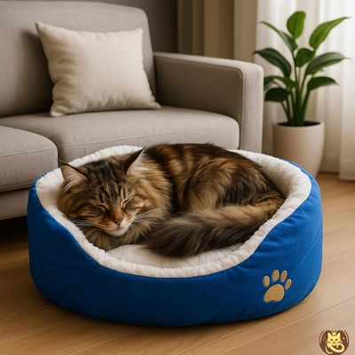 panier chat cocon minou bleu maine coon detendu dans salon