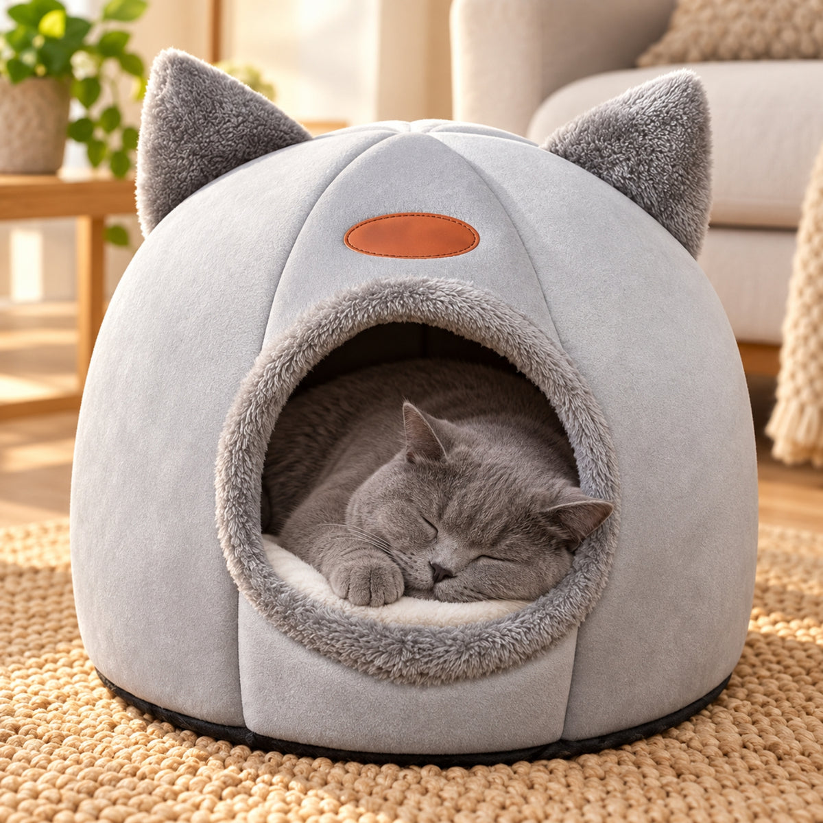 panier chat dôme fermé gris chat gris endormi sur coussin