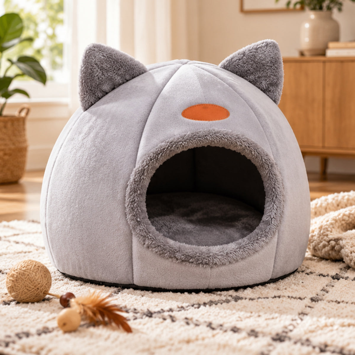 panier chat dôme gris vide sur tapis avec jouets