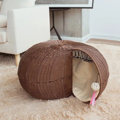 panier chat en osier sur tapis blanc dans salon