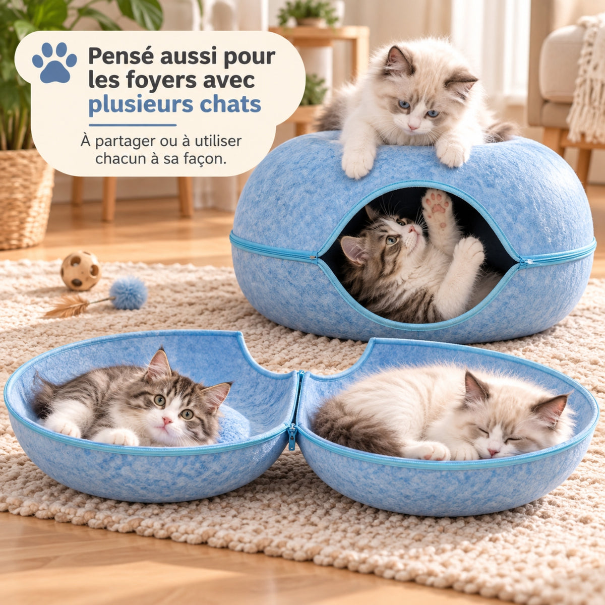 panier chat felty nest bleu plusieurs chats ouvert deux