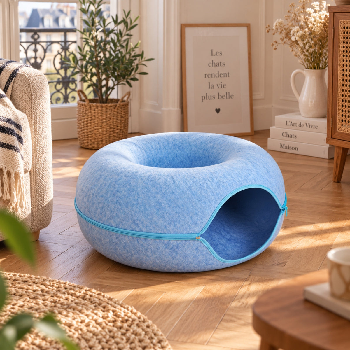 panier chat felty nest bleu vide salon parquet