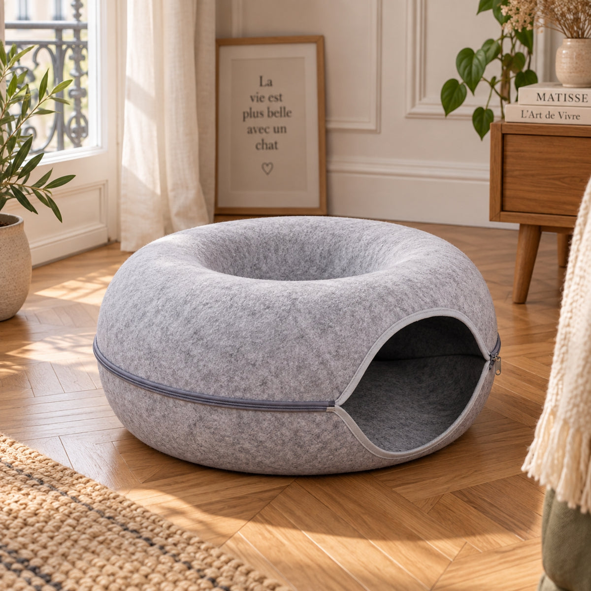 panier chat felty nest gris clair vide salon