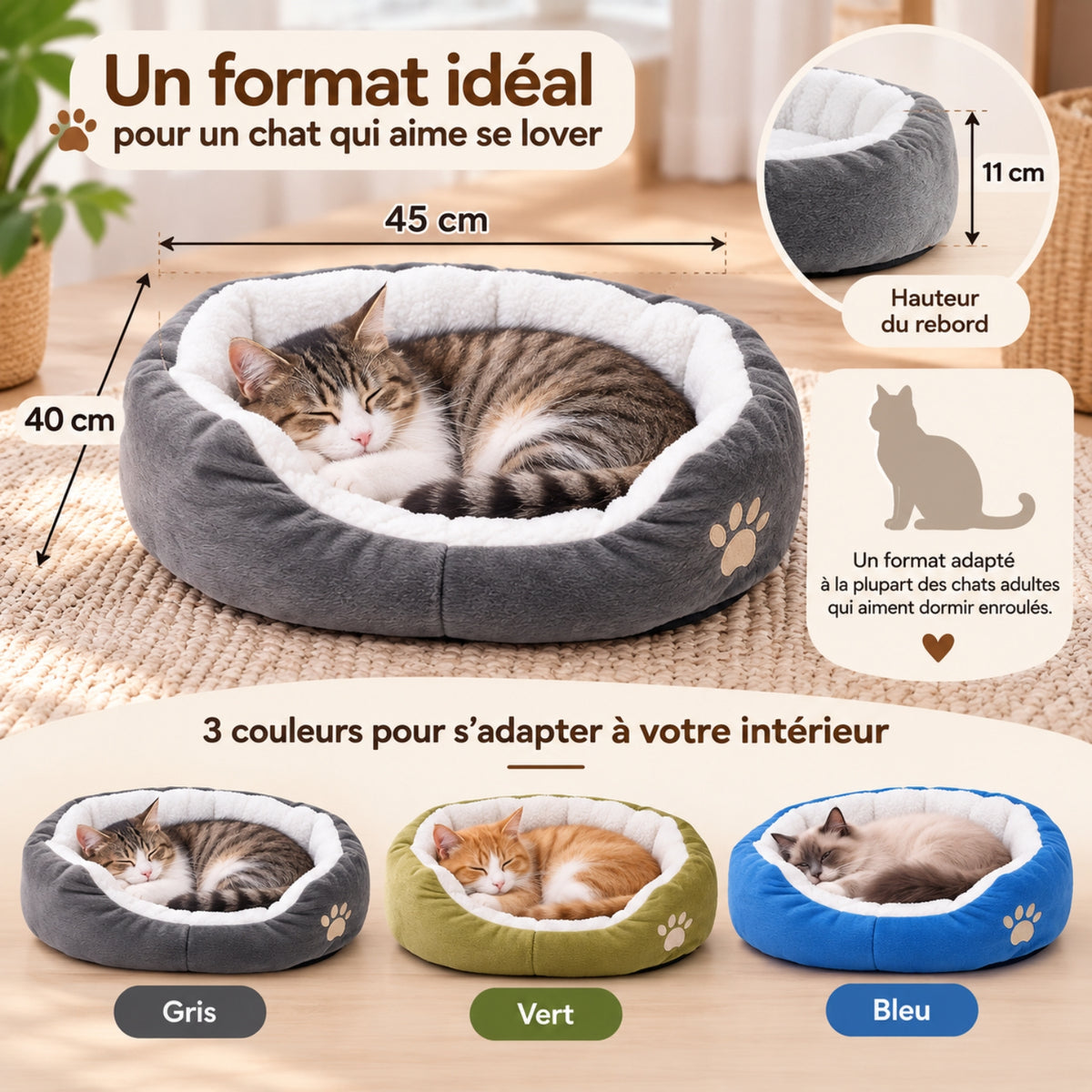 panier chat format 45x40x11 cm gris vert bleu