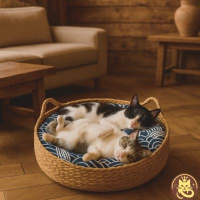 chat panier griff refuge coussin bleu deux chats detendus confortablement d